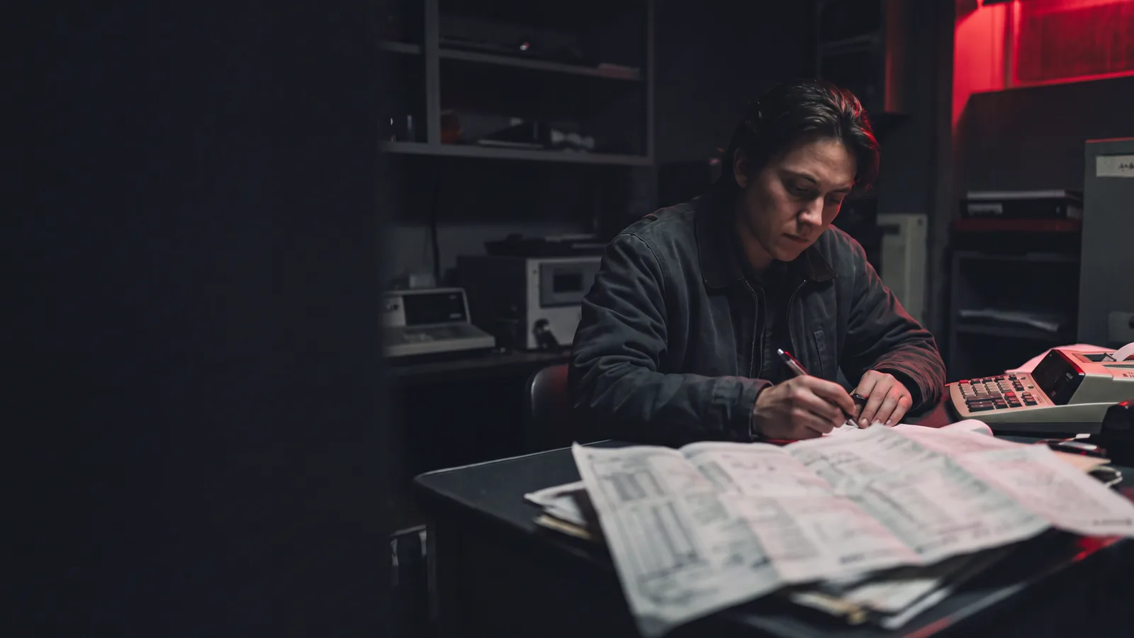 A media planner working through sponsorship rates on paper by lamplight