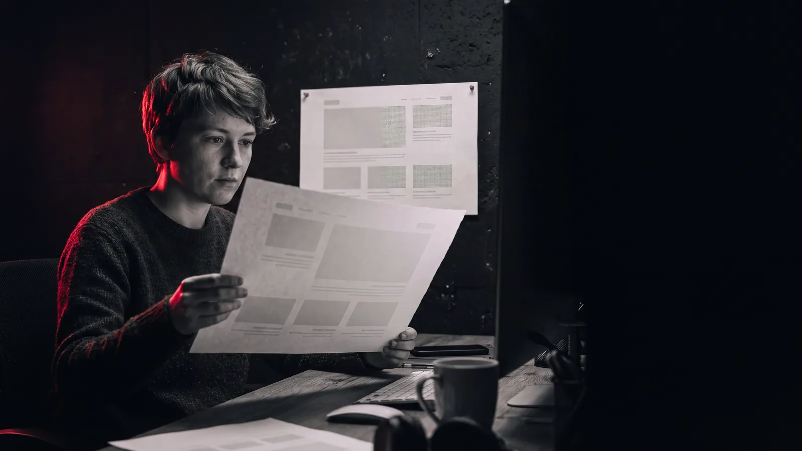 A web writer comparing two printed page proofs in a darkened studio